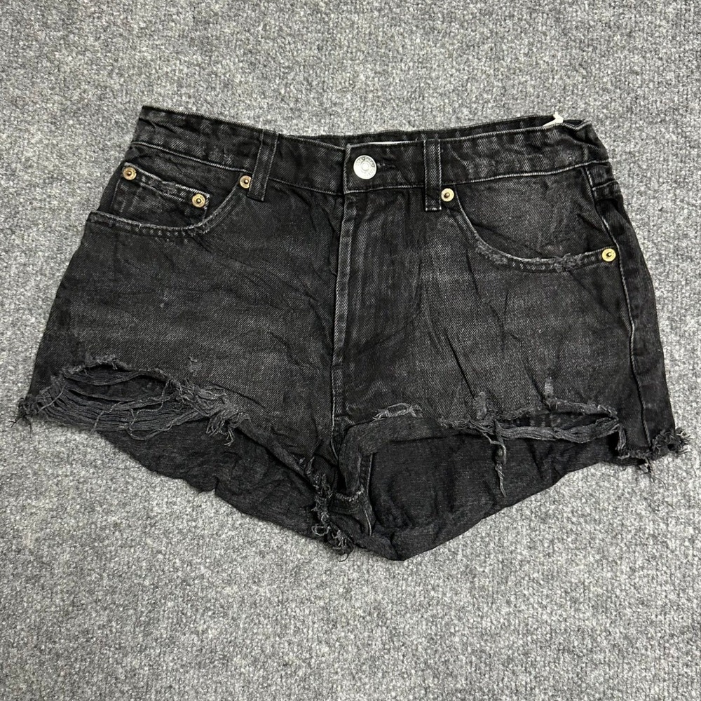 Zara Shorts Womens Size 6 Black Distressed Denim High Waisted Raw Hem Casual